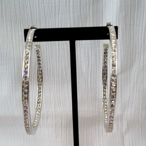Elegant Silver Tone Swarovski Double Sided Hoop Earrings